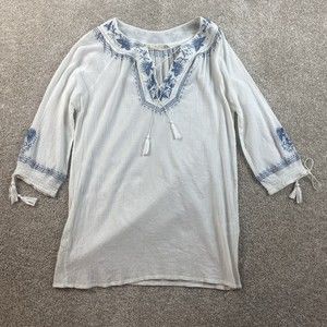 Joie La Plaza Womens Embroidered Tunic Top M White Blue Semi Sheer Boho